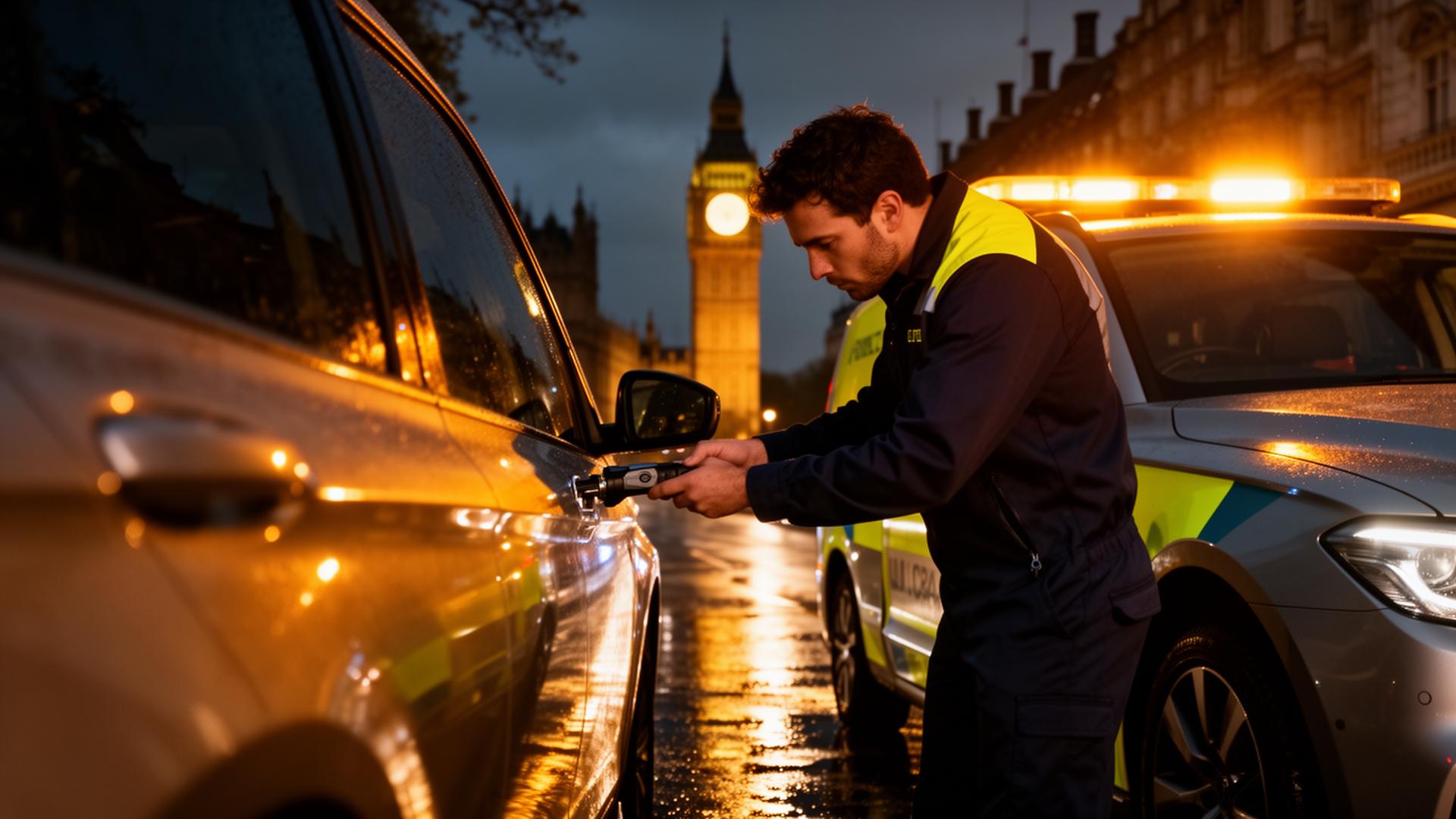 Eddy unlocking a car at night in London